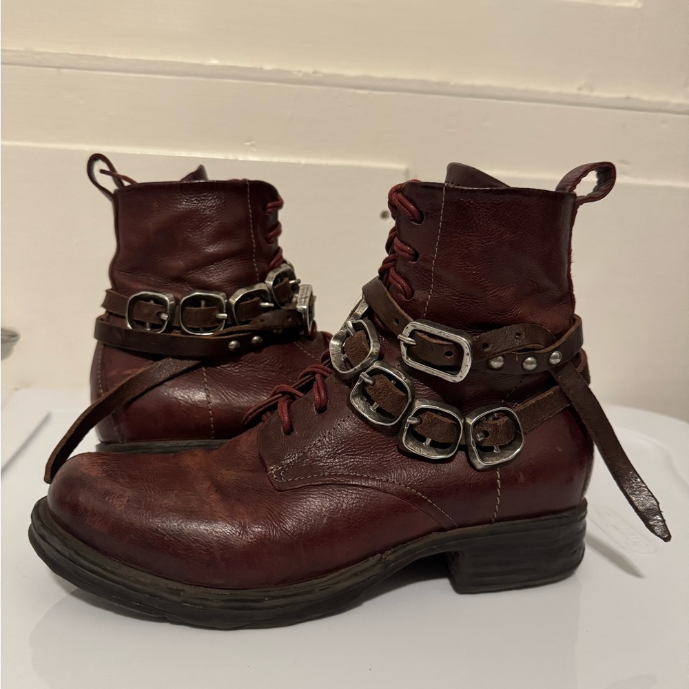 A.S.98 Burgundy Combat Boots with Buckle Detail